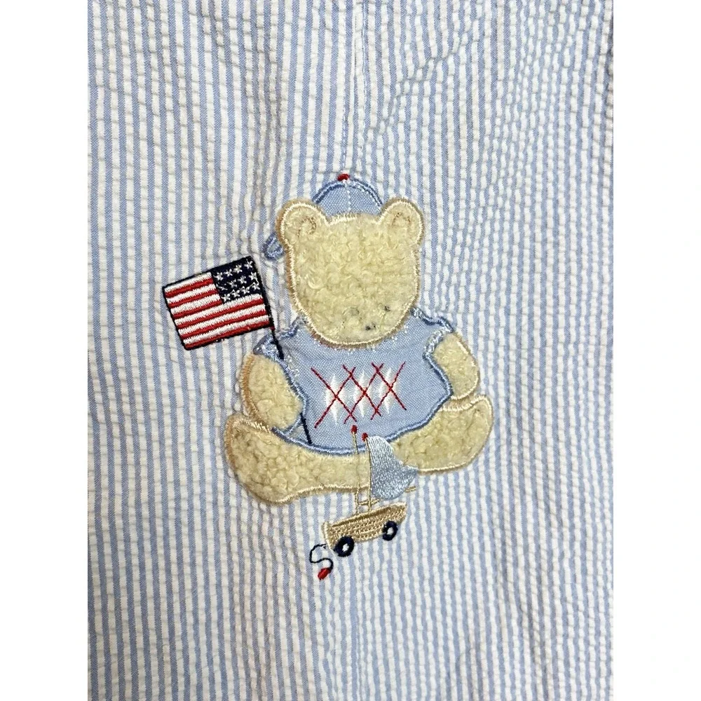 Vtg Striped Romper Bear Flag Americana  24 Months Toddler Blue White Patriotic